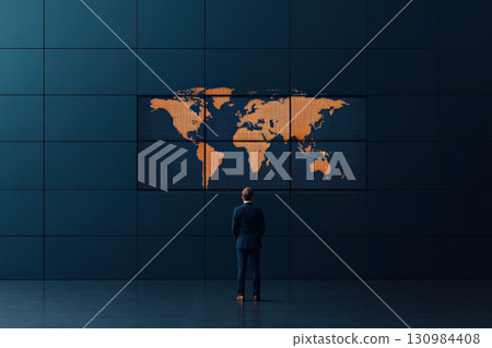 Businessman standing in front of a large screen displaying trade deficits and surpluses across countries, trade data, global economics 130984408