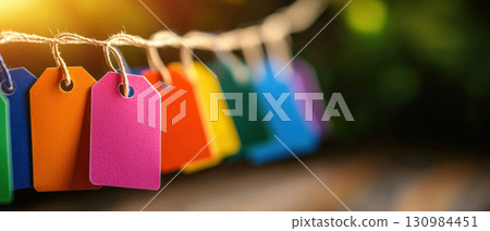 Colorful tags hanging on a string, perfect for crafts, gifts, or labeling, adding a vibrant touch to any project or event. Colorful tags hanging on a string, perfect for crafts, gifts, or labeling, adding a vibrant touch to any project or event. 130984451