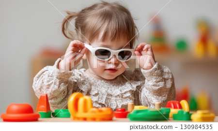 Cute Toddler Playing with Colorful Toys and Wearing Sunglasses 130984535