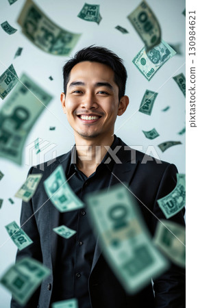 Asian Man Surrounded by Floating Currency Symbols Asian man, 40s, fintech look, smiling, currencies orbiting, isolated , photo-realistic 130984621