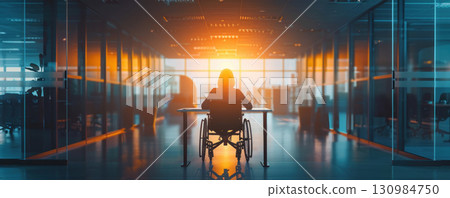 Businesswoman in wheelchair presenting in boardroom, bright lighting, confident expression, wideangle, modern office Businesswoman in wheelchair presenting in boardroom, bright lighting, confident expression, wideangle, modern office 130984750