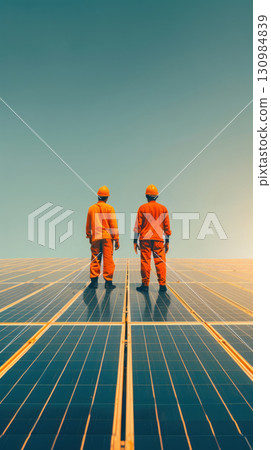 Engineers discussing solar energy project on a construction site, wideangle lens, midday sun, collaborative environment 130984839