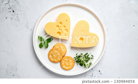 Background of heart-shaped cheese and crackers on a plate 130984858
