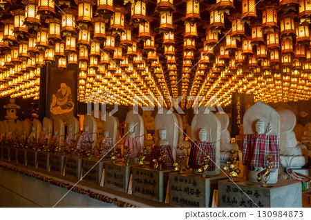 Lantern hall interior at Daisho-in Temple, Miyajima Island, Japan Lantern hall interior at Daisho-in Temple, Miyajima Island, Japan 130984873