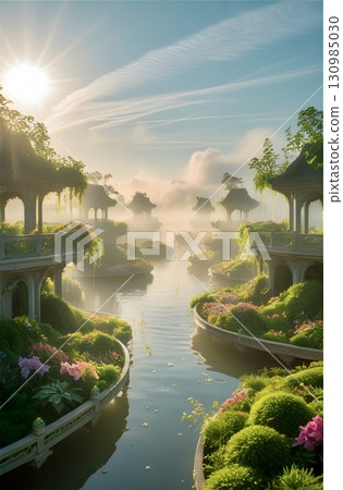 Circular platforms with lush gardens float on a serene body of water, connected by elegant bridges. The scene is bathed in soft morning light, with the sun rising above misty silhouettes of trees 130985030