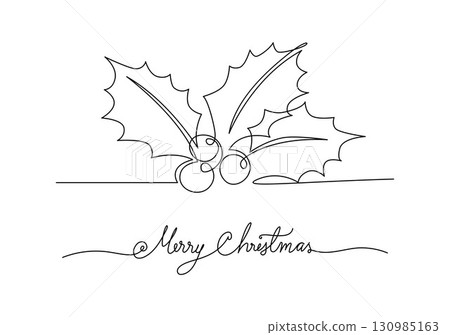 Continuous line drawing christmas holly berry and greeting merry christmas handwriting, Concept of Christmas. Holiday, New year. Vector design illustration on white background. Continuous line drawing christmas holly berry and greeting merry christmas handwriting, Concept of Christmas. Holiday, New year. Vector design illustration on white background. 130985163