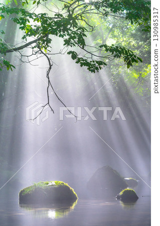 Rays of light shining into the mountain stream 130985317