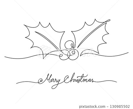 Continuous line vector illustration of holly berry leaves with Merry Christmas handwritten text. Minimalistic and simple style. Perfect for cards, templates and Christmas designs. Continuous line vector illustration of holly berry leaves with Merry Christmas handwritten text. Minimalistic and simple style. Perfect for cards, templates and Christmas designs. 130985502