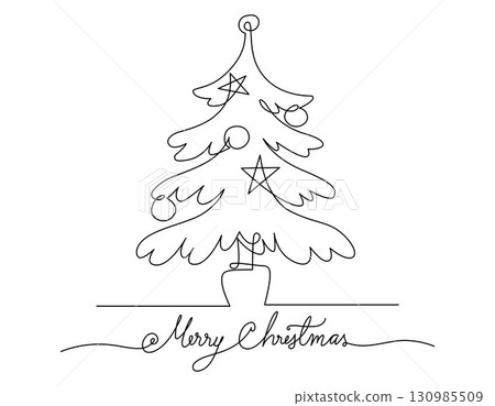 Continuous line drawing christmas tree and fireball, star, Concept of Christmas. Holiday, New year.  Vector design illustration on white background. 130985509