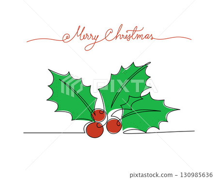Continuous line drawing and color christmas holly berry and greeting merry christmas handwriting, Concept of Christmas. Holiday, New year.  Vector design illustration on white background. 130985636