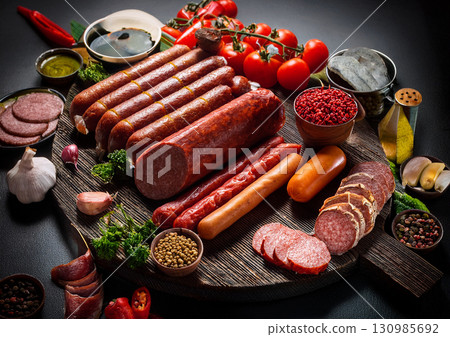 美味的香腸和薩拉米香腸 美味的香腸和薩拉米香腸 130985692