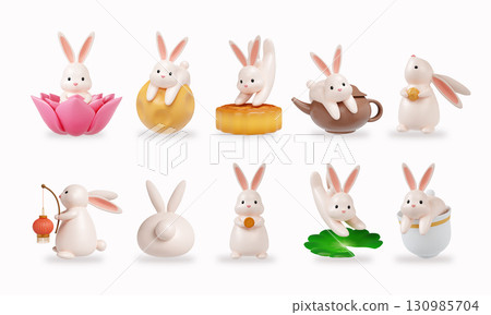 Moon festival celebration with cute bunny figurines in various poses. 3D render illustration Moon festival celebration with cute bunny figurines in various poses. 3D render illustration 130985704