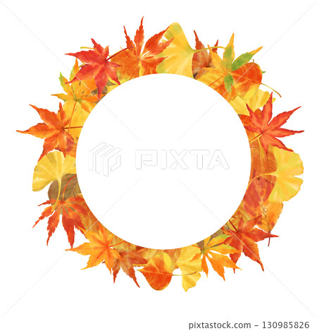 A circular frame of colorful fallen leaves in autumn. Hand-drawn watercolor illustration. 130985826