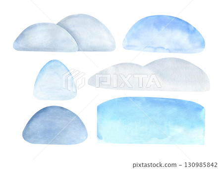 Watercolor snowdrift clip art set. Abstract ice, snow element isolated from background. For New Year, Christmas card, holiday window decoration, frozen product packaging, interior design, child book Watercolor snowdrift clip art set. Abstract ice, snow element isolated from background. For New Year, Christmas card, holiday window decoration, frozen product packaging, interior design, child book 130985842