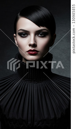 High fashion portrait of a beautiful woman with dramatic makeup and a pleated black collar High fashion portrait of a beautiful woman with dramatic makeup and a pleated black collar 130985855