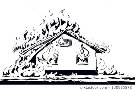 Burning house. Vector drawing sketch 130985878