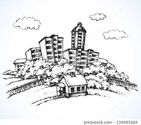 The village in winter. Vector drawing 130985884