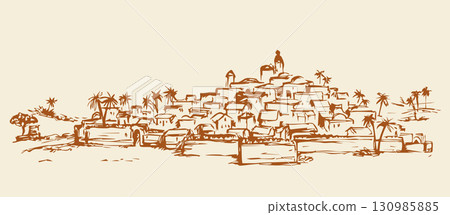 City in a desert. Vector drawing 130985885