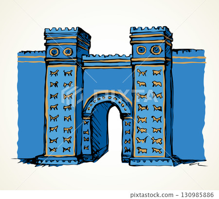 Babylonian Gate. Vector drawing scene 130985886