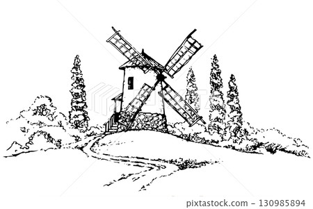 Vector drawing. The outline of the summer landscape with mill Vector drawing. The outline of the summer landscape with mill 130985894