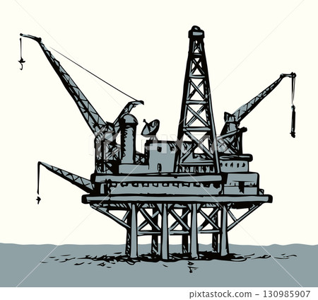 Offshore oil rig. Vector ink style illustration 130985907