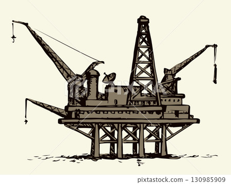 Offshore oil rig. Vector ink style illustration 130985909