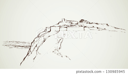 Ancient city on rock. Vector drawing 130985945