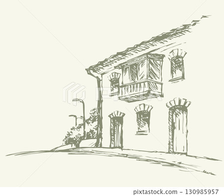 Narrow street of the old city. Vector drawing 130985957