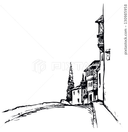 Narrow street of the old city. Vector drawing 130985958