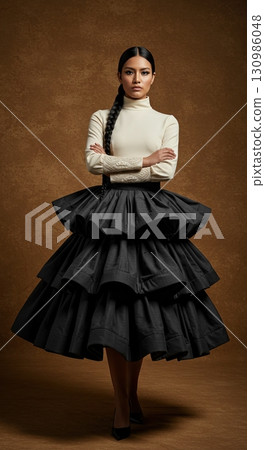 Confident woman in avant-garde gown with tiered skirt and long braid posing in the studio 130986048