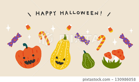 Hand-drawn illustration of Halloween pumpkins and candy 130986058