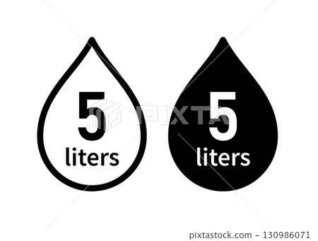 Water capacity icons set. Liquid volume symbol 5 liters. Water drop icon. Fluid volume. L sign. Scale for plastic bottles. Vector illustration isolated on white background 130986071
