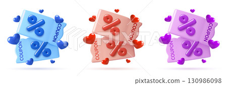 3d coupons icon with percentage sign and hearts in blue, pink and purple color 3d coupons icon with percentage sign and hearts in blue, pink and purple color 130986098