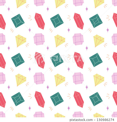 Colorful Seamless Gemstone Pattern with Cartoon Crystals on White Background Colorful Seamless Gemstone Pattern with Cartoon Crystals on White Background 130986274
