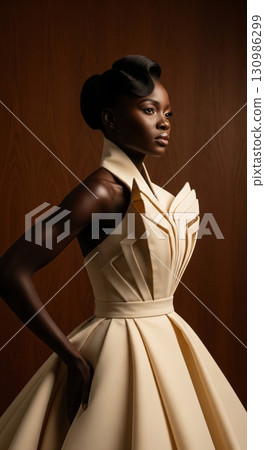 Elegant african model in an avant-garde cream haute couture gown posing in a dark studio Elegant african model in an avant-garde cream haute couture gown posing in a dark studio 130986299