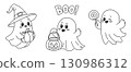 Three cute ghosts celebrate Halloween by scaring each other. Set of charming cartoon illustrations of ghosts for Halloween. Perfect for children's drawings, coloring pages, or holiday decorations. EPS 130986312