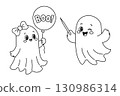 Cute ghosts with balloon and magic wand. Adorable cartoon ghosts holding a Boo balloon and wand. Perfect for Halloween decorations, coloring pages, or festive designs. PNG and vector illustration 130986314