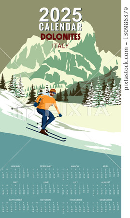 Monthly 2025 Calendar Vintage Travel poster Ski Dolomites resort. Italy winter landscape travel card 130986379
