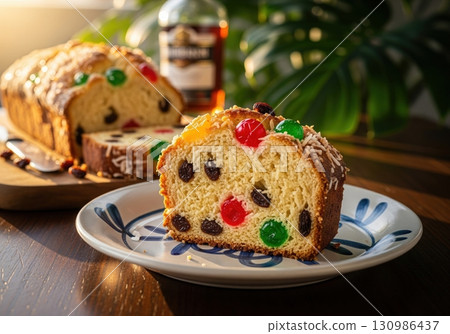 Barbadian coconut sweet bread with raisins and candied cherries on a plate for a holiday 130986437