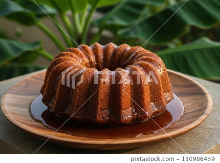 Traditional Belizean rum cake with a rich dark rum syrup served on a wooden plate outdoors 130986439