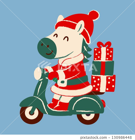 Cartoon Pony Santa with Christmas Gifts on a Scooter 130986448