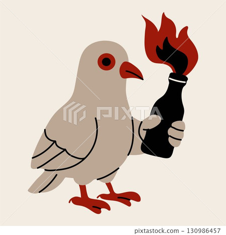Urban Pigeon with Molotov Cocktail in Artistic Design 130986457