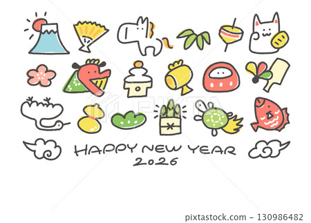 可愛的日式人物新年賀卡 2026，以白馬和新年吉祥物為特色：松樹、竹子、梅花、富士山、鶴和烏龜 130986482