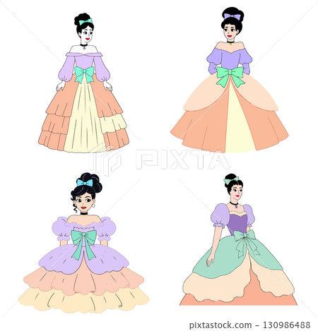 Cartoon Ladies in Ball Gowns Cartoon Ladies in Ball Gowns 130986488