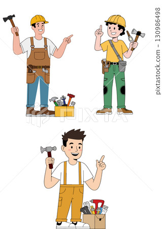 Cartoon Construction Workers with Tools Cartoon Construction Workers with Tools 130986498