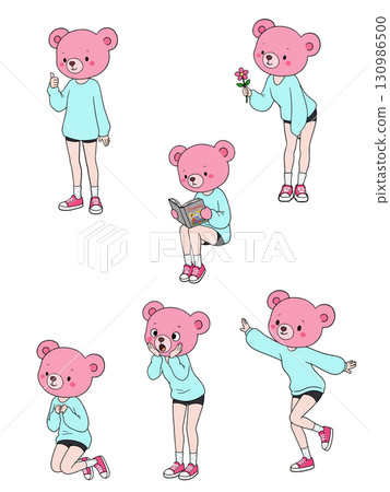 Cartoon Bear Girl in Various Poses 130986500
