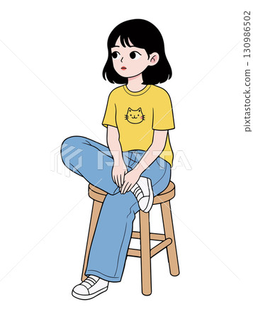 Girl Sitting on Stool Cartoon Illustration 130986502