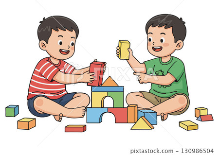 Two Boys Building with Blocks 130986504