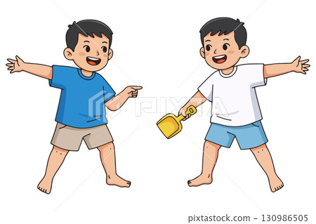 Cartoon of Two Boys Playing Cartoon of Two Boys Playing 130986505