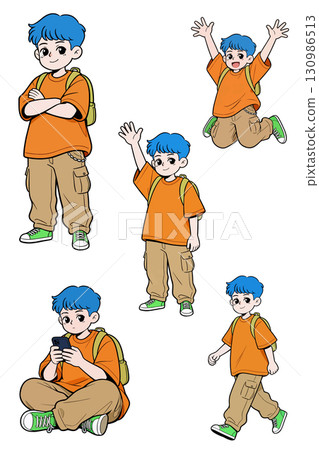 Cartoon Boy with Blue Hair in Various Poses 130986513